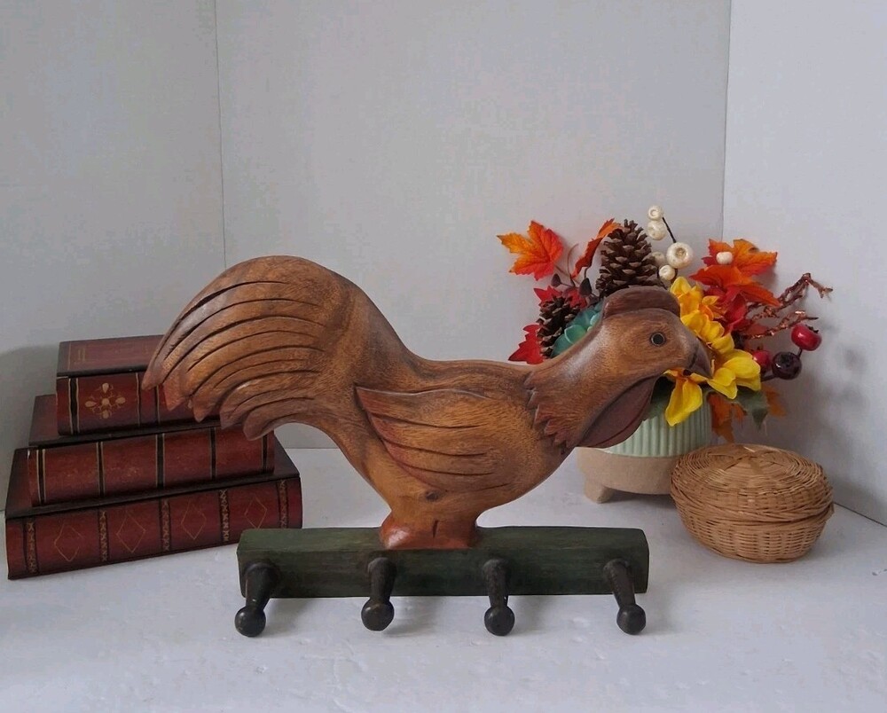 Vintage Wooden Rooster Wall Rack 4 Peg Hooks Farmhouse Country Kitchen Decor